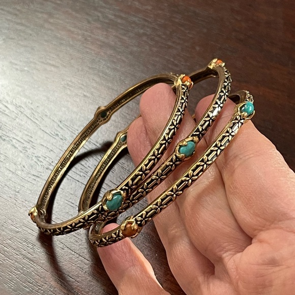 BARSE Bundle of 3 turquoise and agate signed antique bronze color metal bangles - Picture 7 of 8